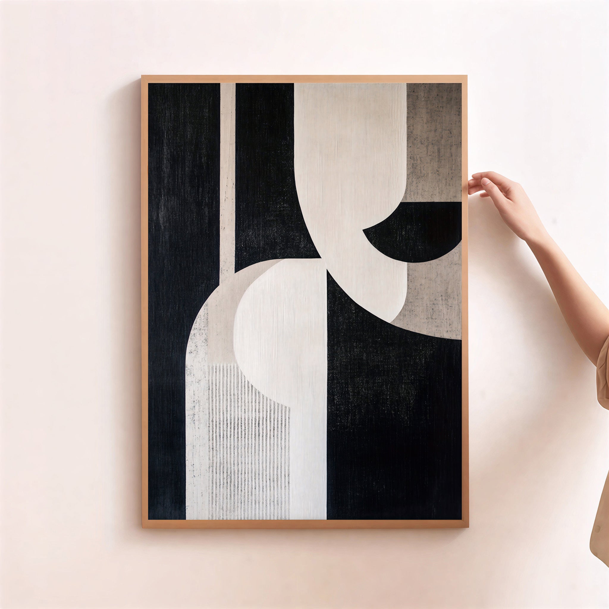 Abstract geometric wall art print in black and beige