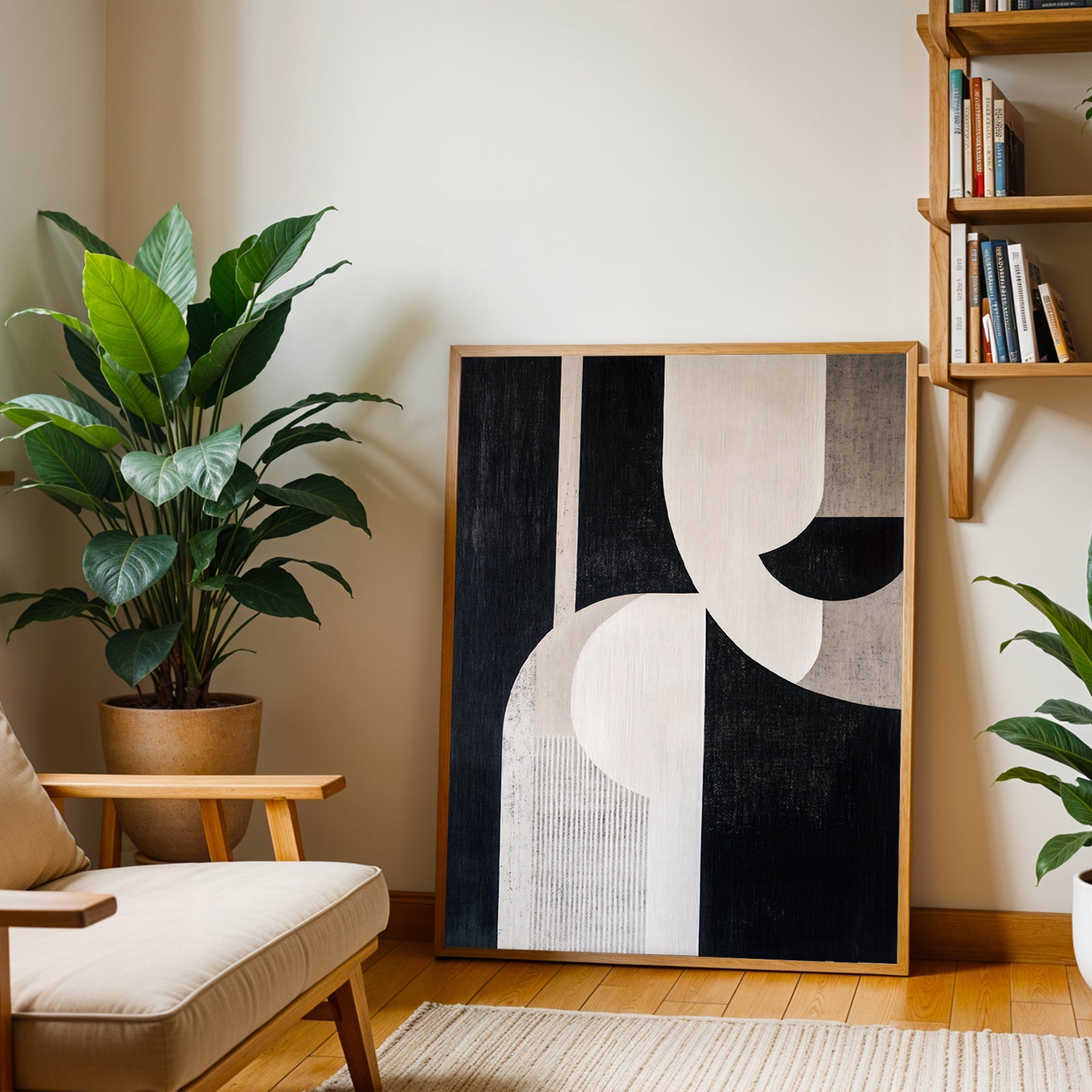 Abstract geometric wall art print in black and beige