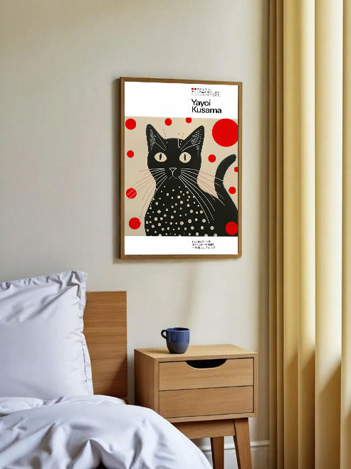 Yayoi kusama inspired black cat art print with polka dots