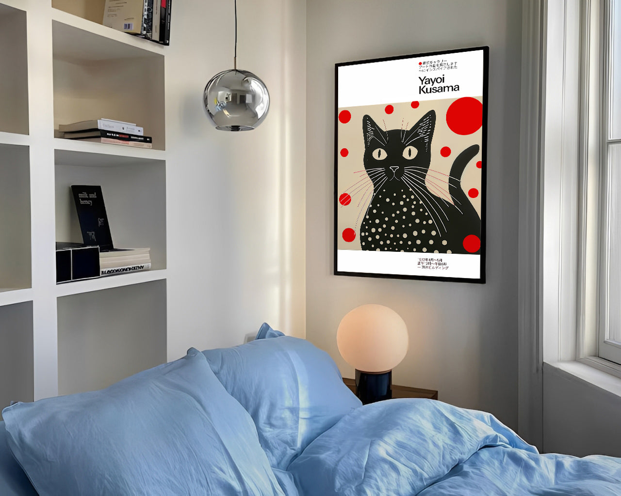 Yayoi kusama inspired black cat art print with polka dots
