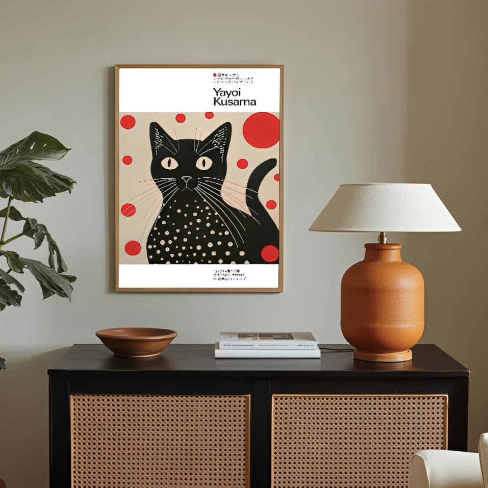 Yayoi kusama inspired black cat art print with polka dots