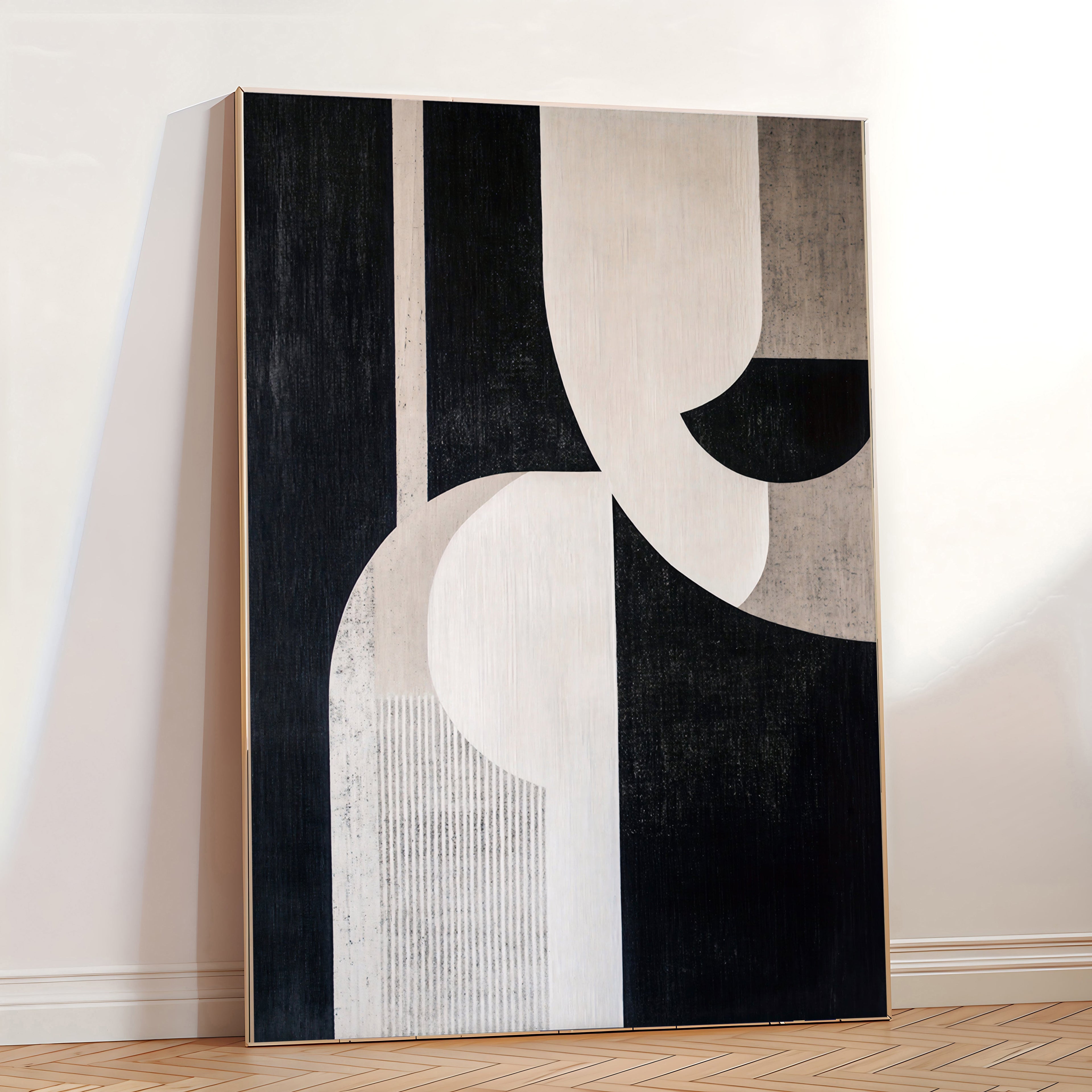 Abstract geometric wall art print in black and beige