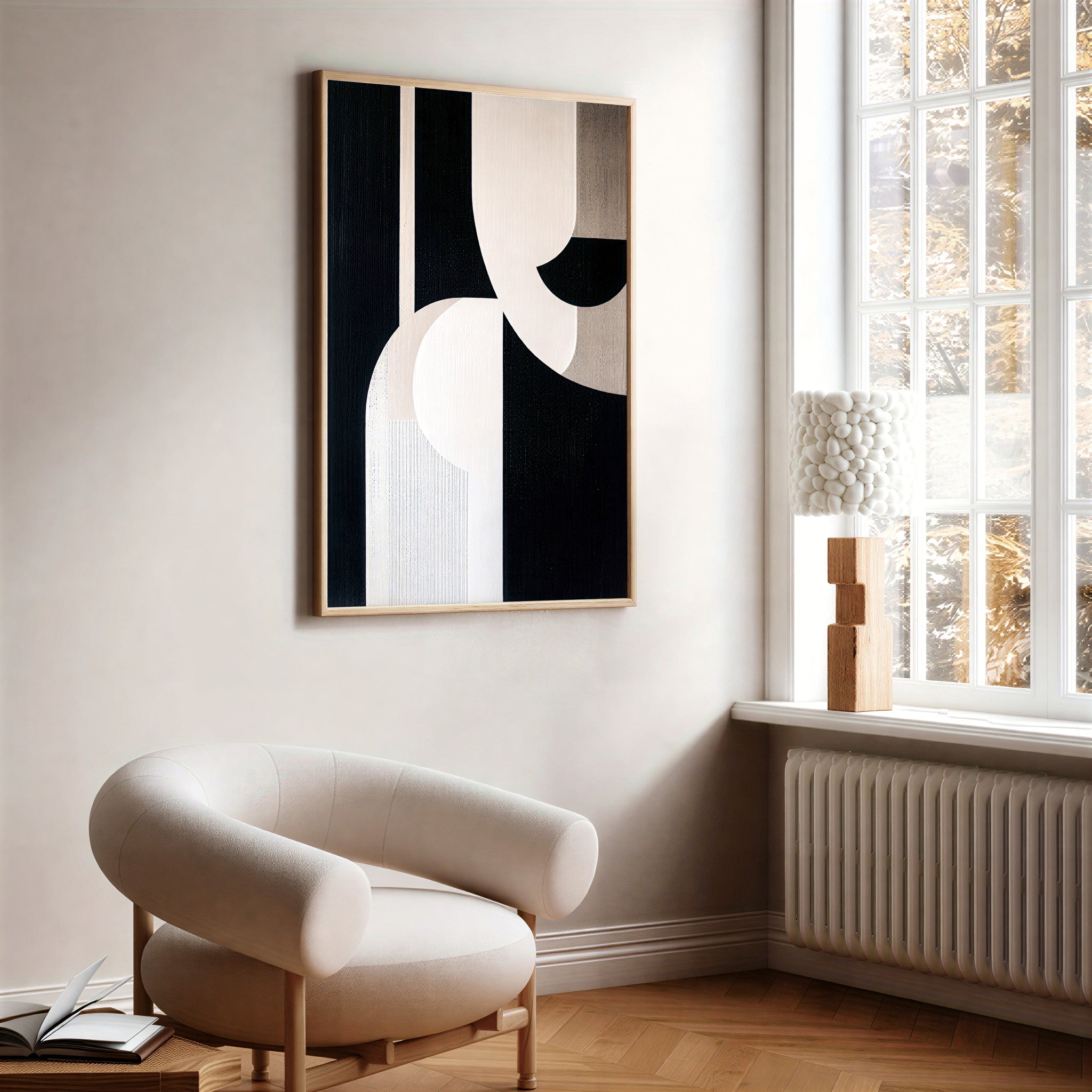 Abstract geometric wall art print in black and beige