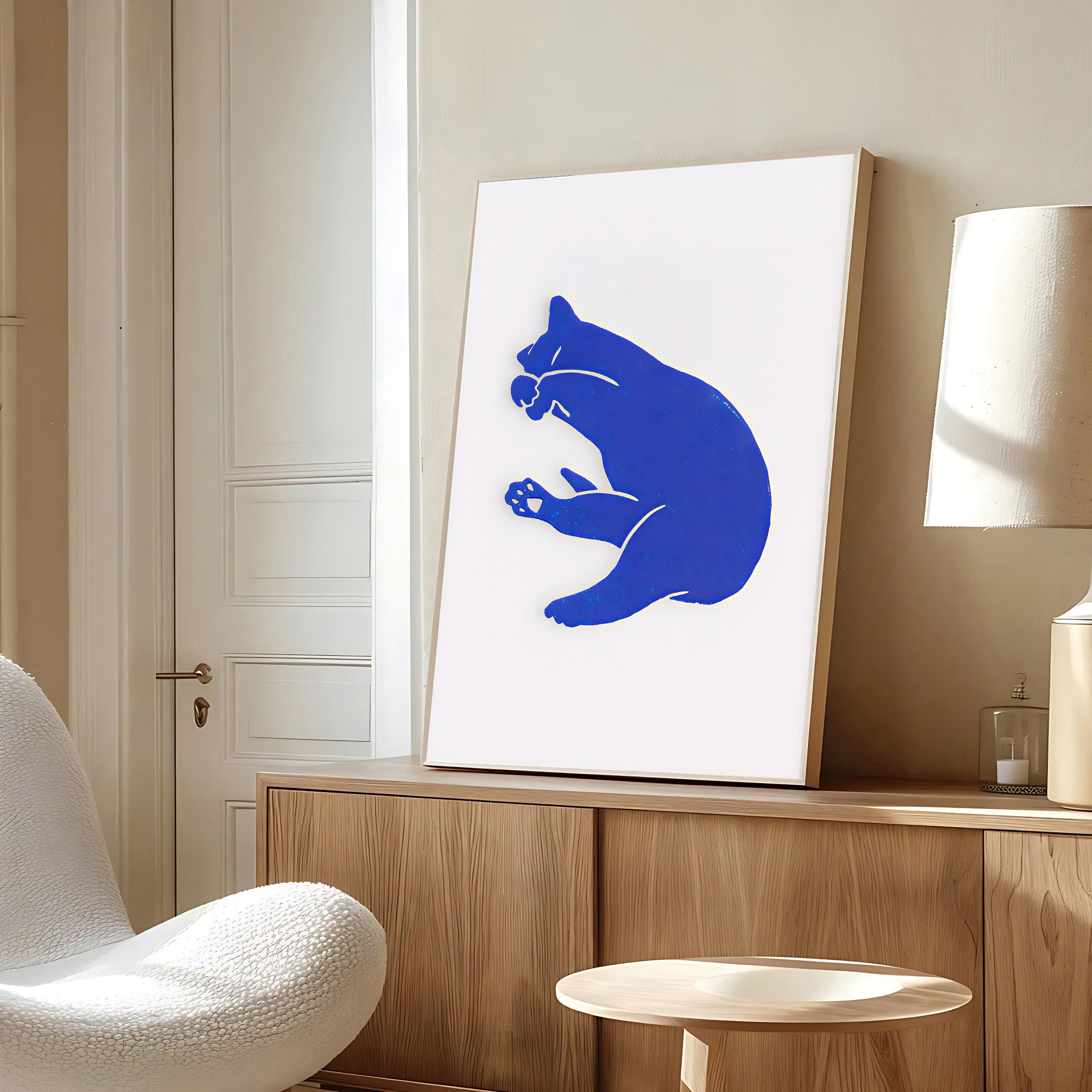 Minimalist blue cat wall art print