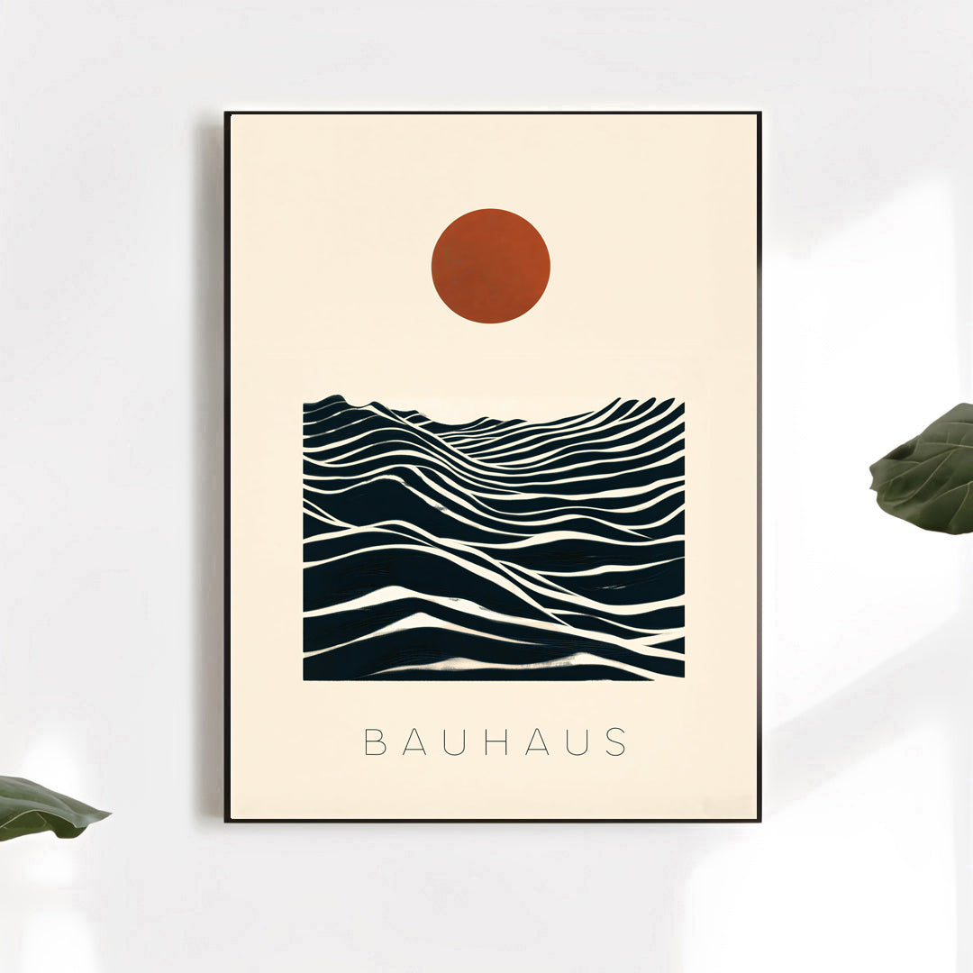 Bauhaus sun and waves abstract poster